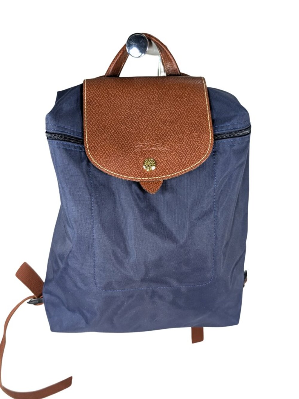 Longchamp Le Pliage Navy Blue Nylon Tan Leather Packable Zip Backpack
